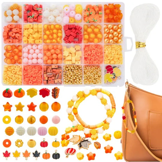 1510 Pcs Fall Bracelets Beads Kit With 24 Grid Storage Box Maple Leaf Pumpkin Star Shaped Clay Beads For Jewelry Making Beads Heishi Beads For DIY Craft Thanksgiving Harvest Party Gift