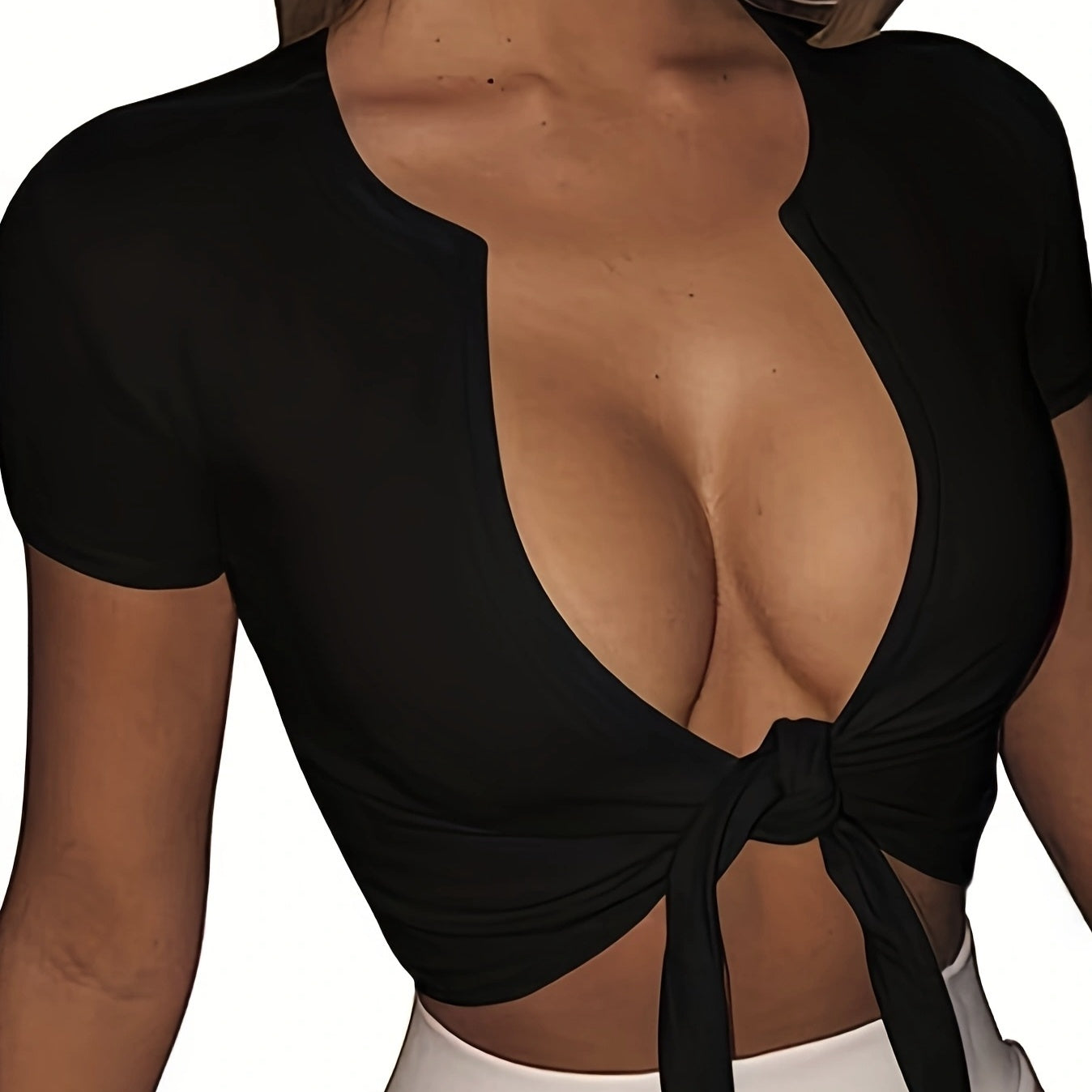 Ladies' New Casual Vacation Style Solid Color Chest Tie Fashion T-shirt