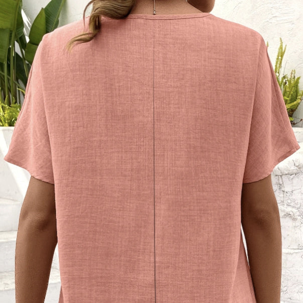 Ladies' Summer New Solid Color Hollow Asymmetrical Collar Fabric Pleated Decorative Details Elegant Style T-shirt