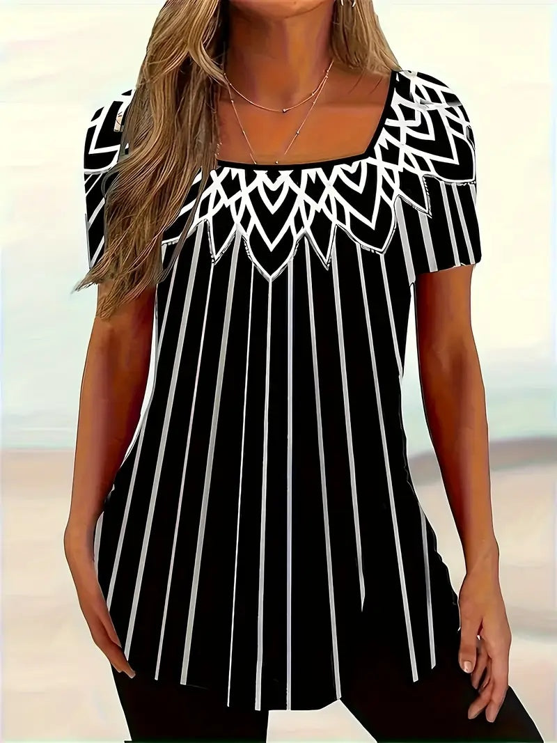 Summer New Printed Striped Short-sleeve Square Neckline Casual T-shirt