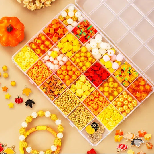 1510 Pcs Fall Bracelets Beads Kit With 24 Grid Storage Box Maple Leaf Pumpkin Star Shaped Clay Beads For Jewelry Making Beads Heishi Beads For DIY Craft Thanksgiving Harvest Party Gift