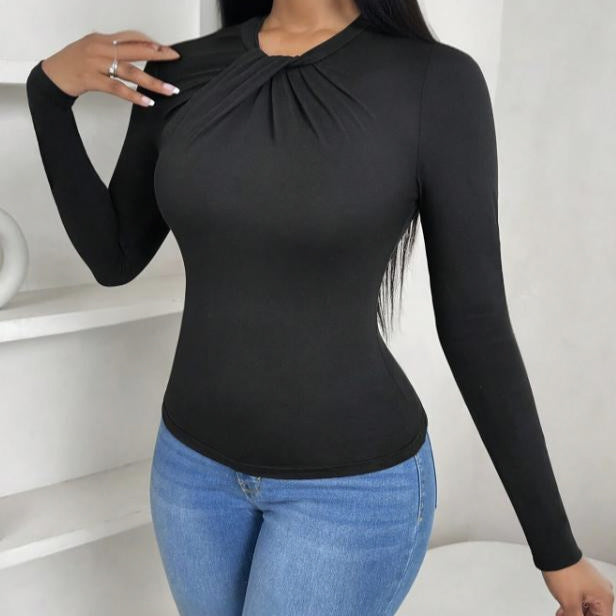 Women's Solid Color Pleated Collar Slim Fit Hip Hugging Long Sleeved T-shirt Top