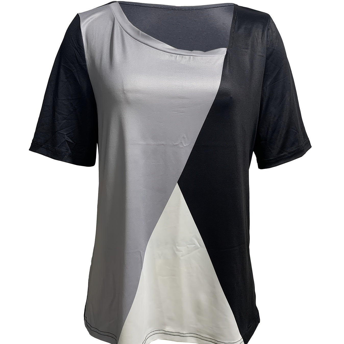 Ladies' Color Blocking Casual Versatile Asymmetrical Collar T-shirt Top