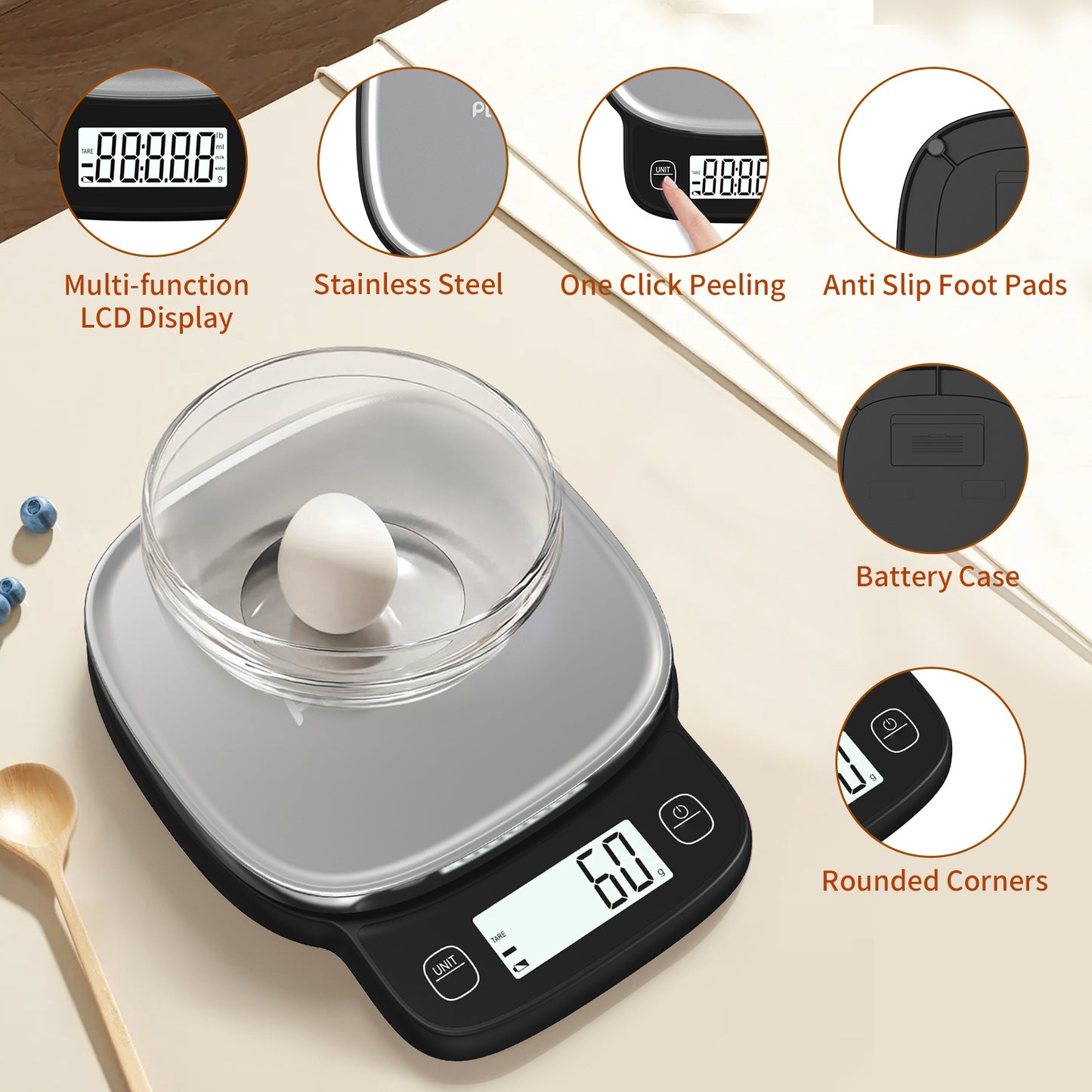 High Precision 0.1g Digital Kitchen Scale - Capacity 5kg, 304 Stainless Steel Surface, Multi-function LCD Display, One-click Peeling