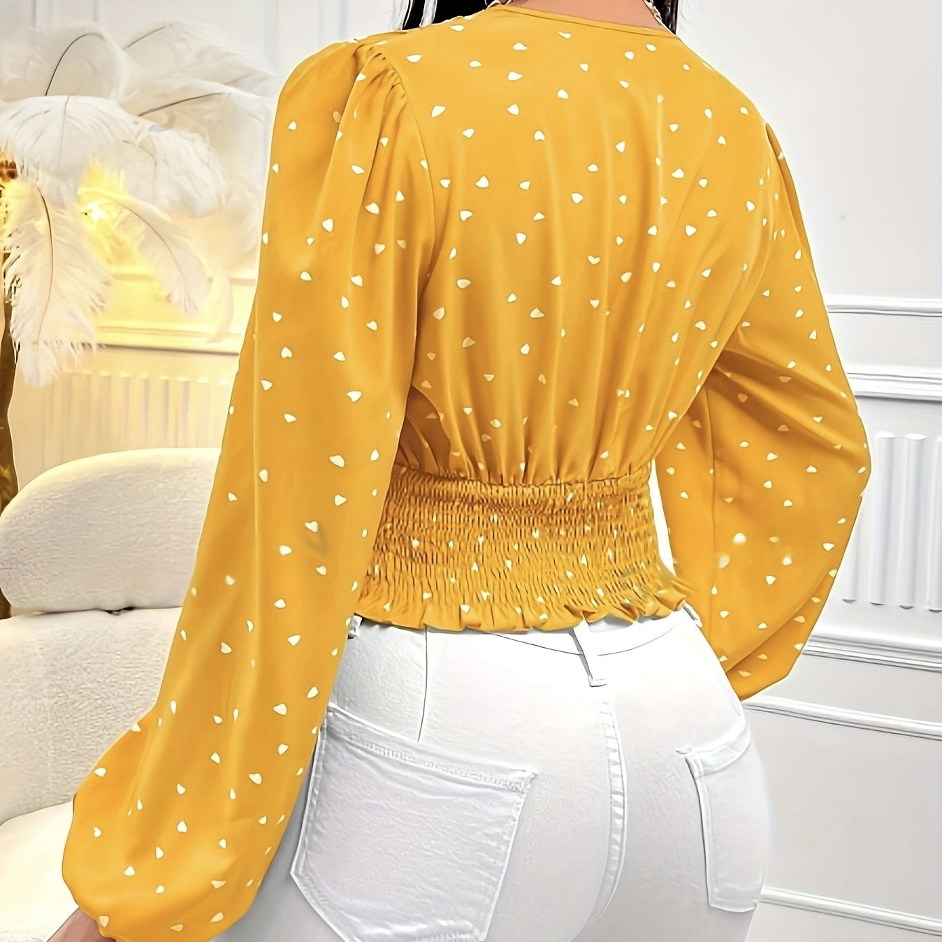 Ladies' Fashionable And Elegant Solid Color Polka Dot Long Sleeved Shirt Top