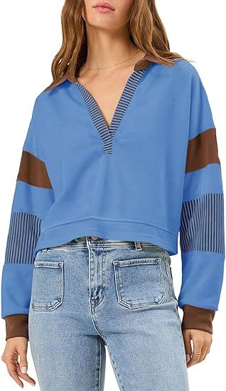 Fisoew Women's Long Sleeve Crop Tops Polo V Neck Color Block Casual Loose Pullover Cropped Sweatshirt