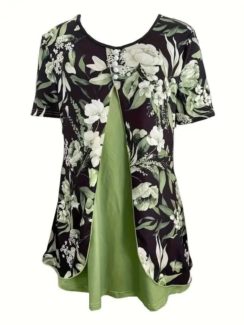 Summer New Short-sleeved Printed Fake Two-piece T-shirt V-neck Fashion Spike Top