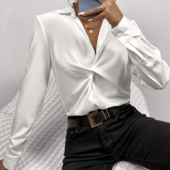 Ladies' Fashionable Solid Color Loose And Versatile Simple Korean Style Long Sleeved Slimming Personalized Top Shirt