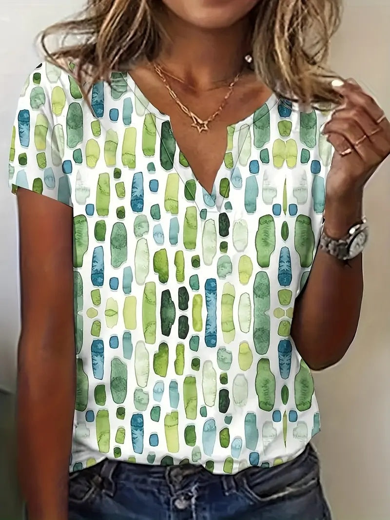 Summer New V-Neck Printed Short Sleeve T-Shirt Loose Casual Top