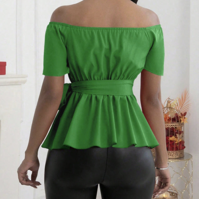 Women's Solid Color One Neck Off Shoulder Waist Strap With Ruffled Hem Top