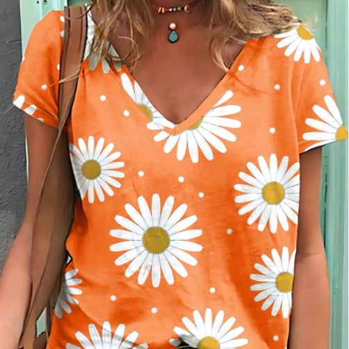 Ladies' Floral Print V-neck Casual Versatile T-shirt Top