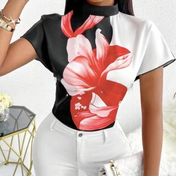 Women's New Small Stand Up Collar Loose Fit Comfortable And Elegant Temperament Floral Print Top