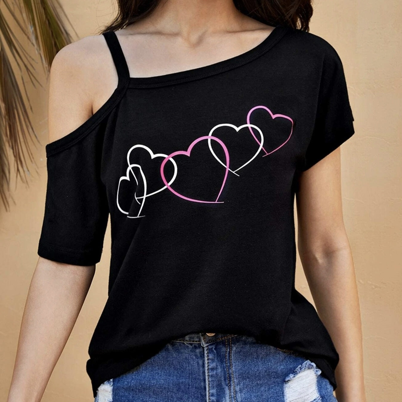 Ladies' Fashion Asymmetrical Neck Heart-shaped Printed Top Casual Pullover Slanted Shoulder Collar Shirt