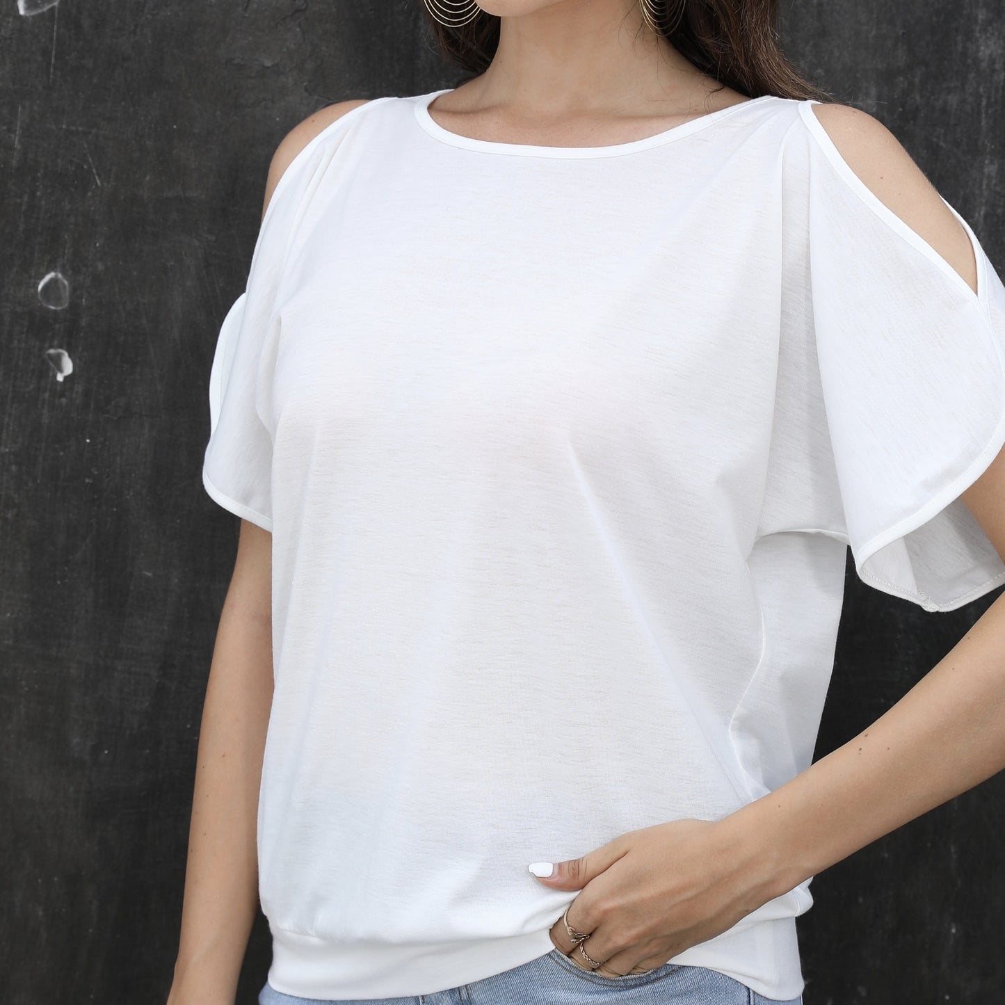 Ladies' Summer Design Off Shoulder Split Sleeve Round Neck Loose Solid Color T-shirt