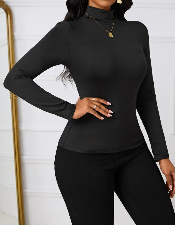 Ladies' Fashionable And Elegant Temperament Versatile Autumn And Winter Style Solid Color Base T-shirt Top