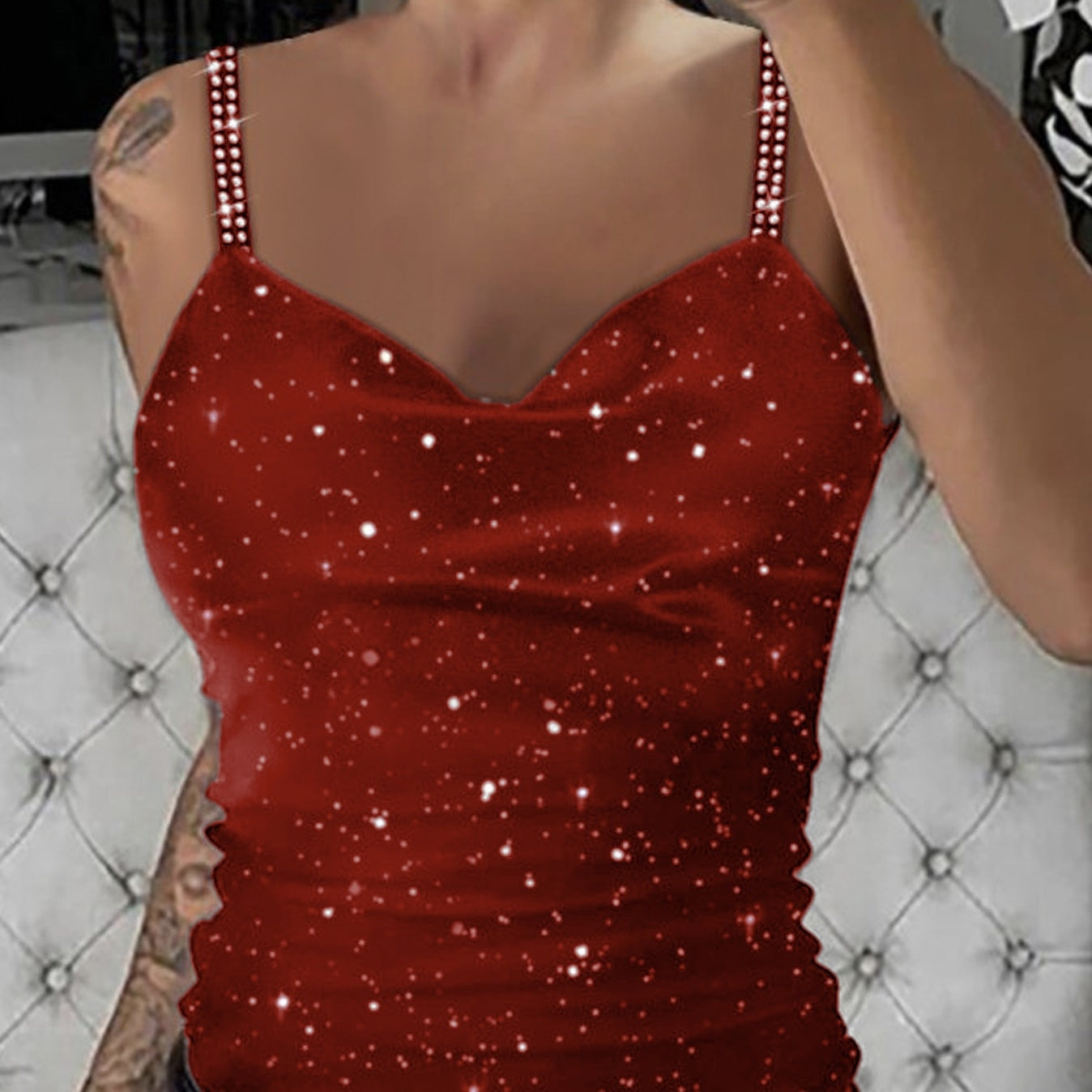 Ladies' Rhinestone Embellished Lace Up New Shoulder Strap Sequin Fashion Sexy Camisole Vest