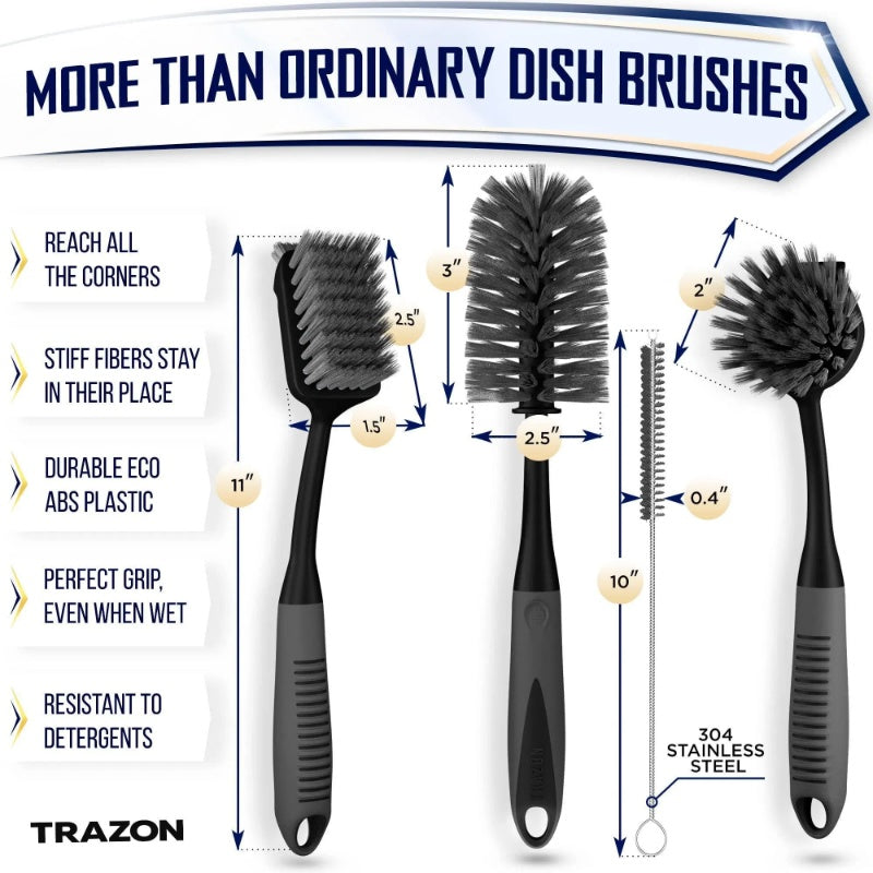 Dish Brush Set Of 4 With Bottle Water Brush Dish Scrub Brush Straw Brush Black