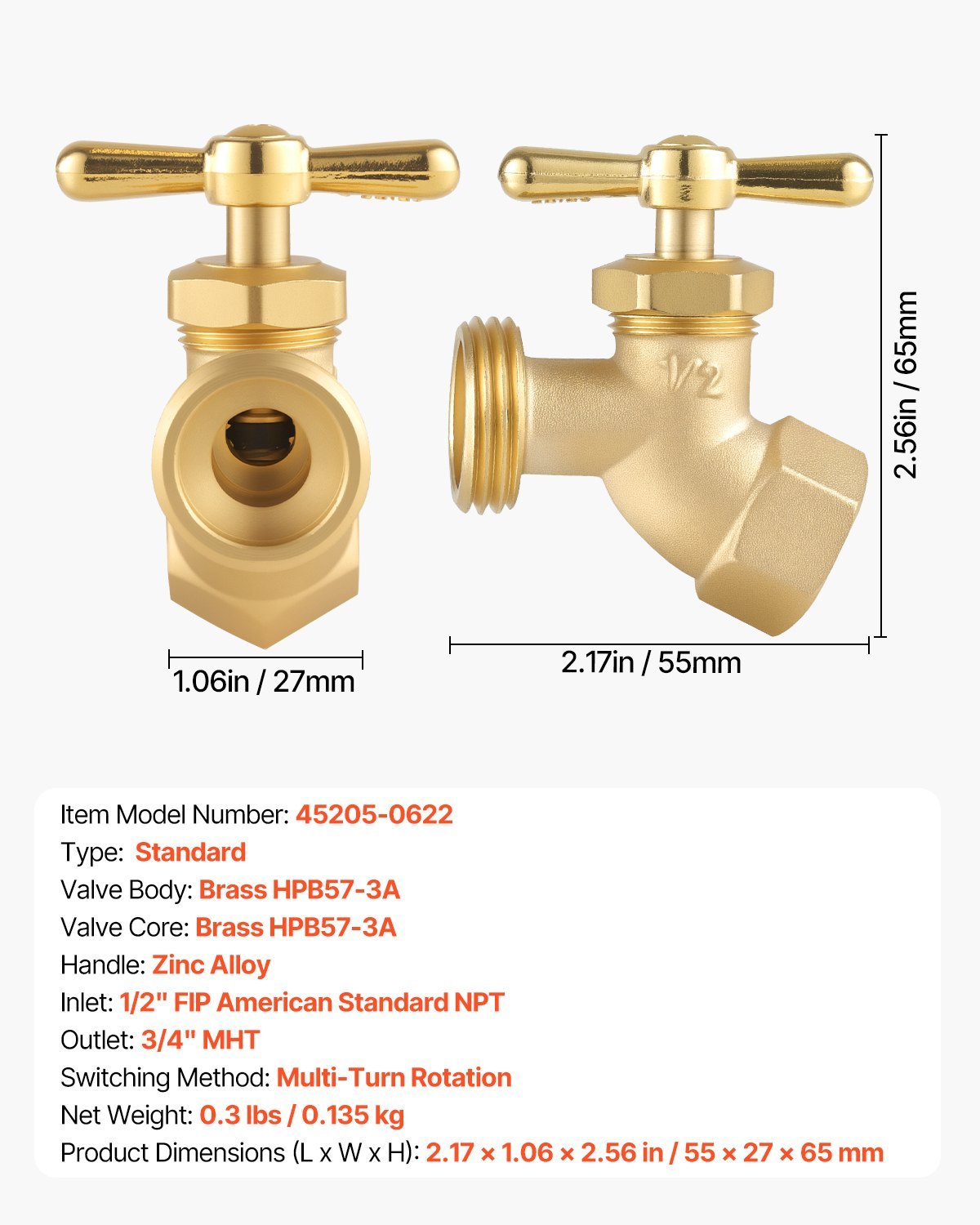Hose Bibb MHT Connection Brass Outdoor Water Faucet Spigot