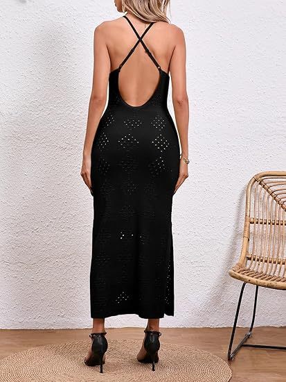 Fisoew Womens Crochet Swimsuit Cover Up Sleeveless Halter Neck Sexy Bodycon Backless Summer Knit Beach Vacation Maxi Dress