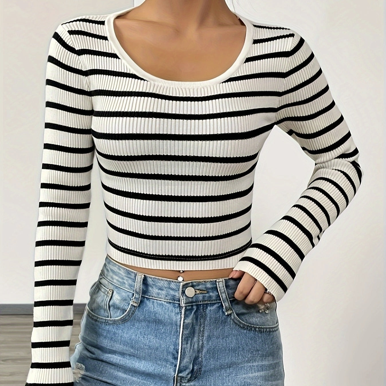 Women's Striped Slim Fit Long Sleeved Knitted T-shirt Top