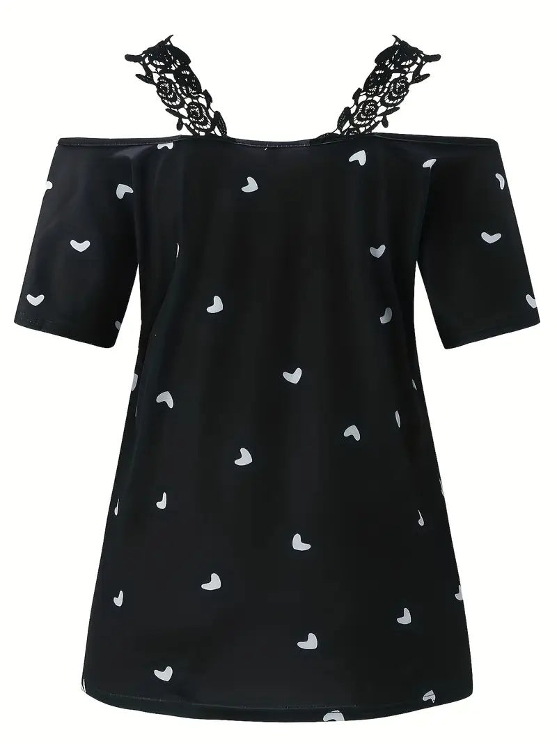 New Summer Short-sleeved Lace Heart Print T-shirt Women's Top