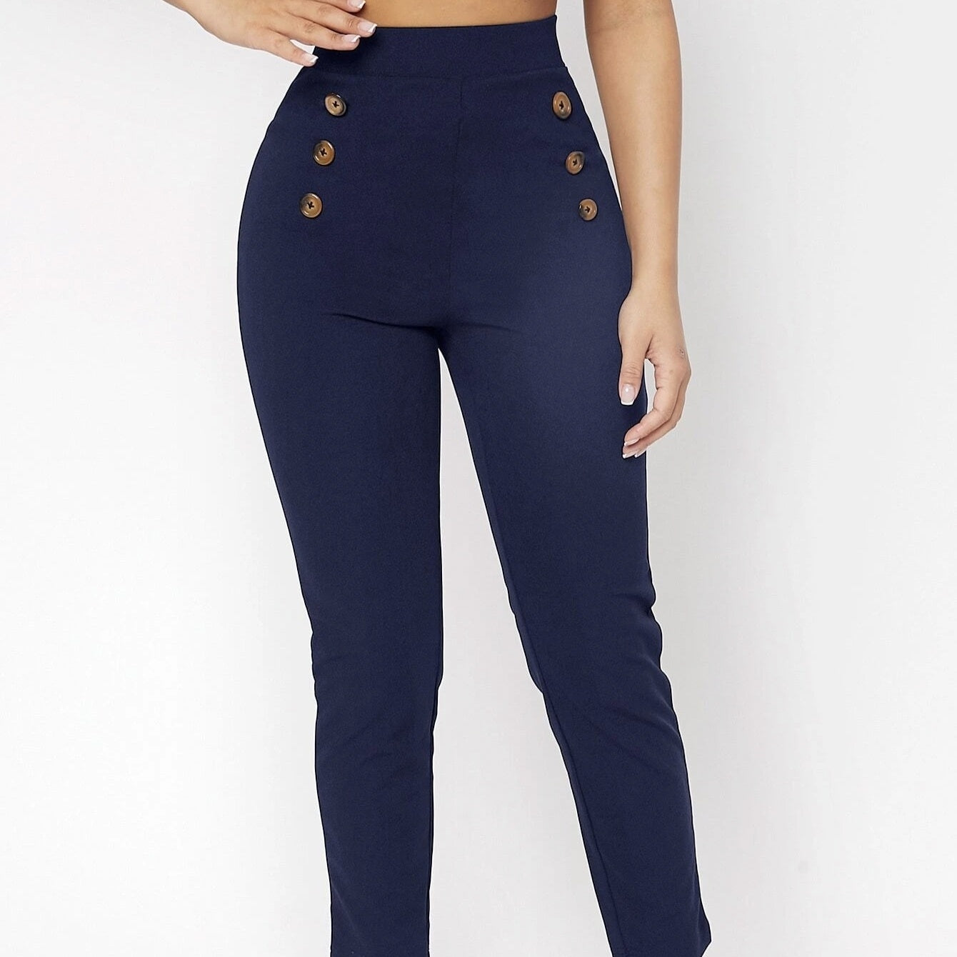 Ladies' Fashionable Retro Slim Fit Double Row Decoration Fake Button High Waisted Pants, Simple Solid Color Small Pant Legs