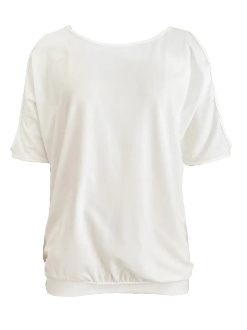 Spring And Summer New Solid Color Round Neck T-shirt Casual Hollow Out Shoulder White Short Sleeve Top