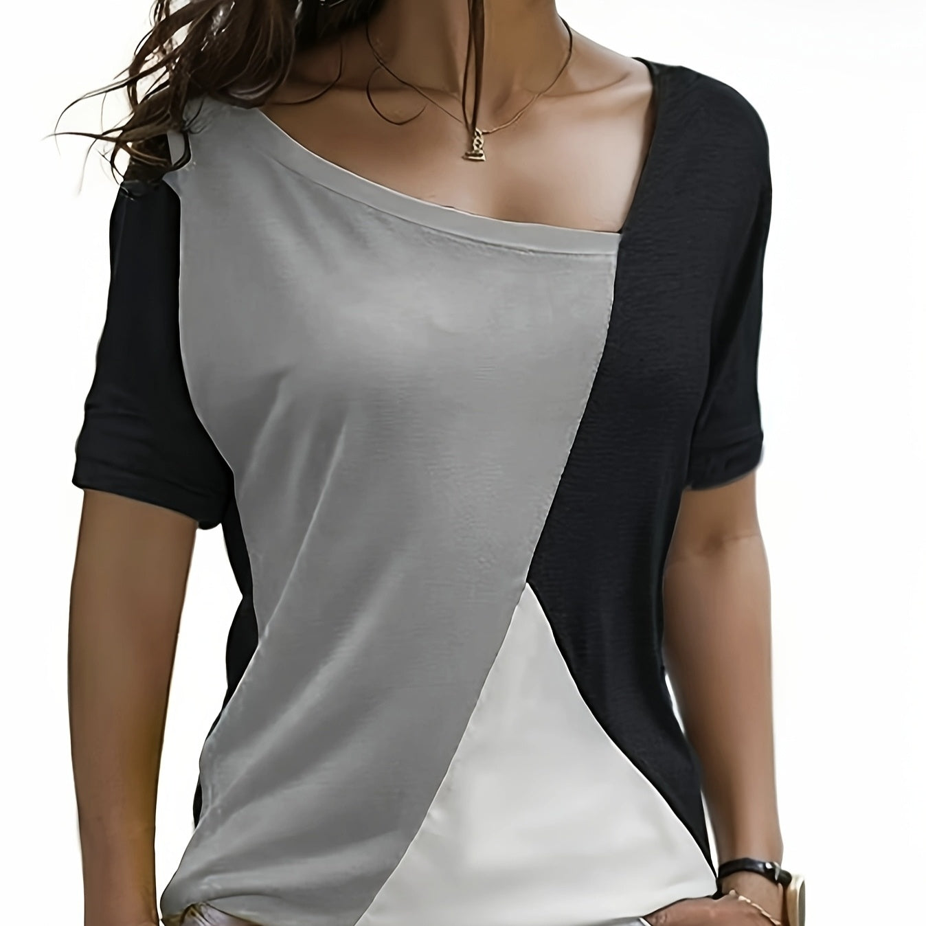 Ladies' Color Blocking Casual Versatile Asymmetrical Collar T-shirt Top