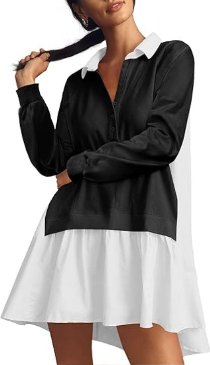 Fisoew Womens Oversized Sweatshirt Dress Long Sleeve V Neck Patchwork Casual Pullover Tops Loose Fit Mini Dresses