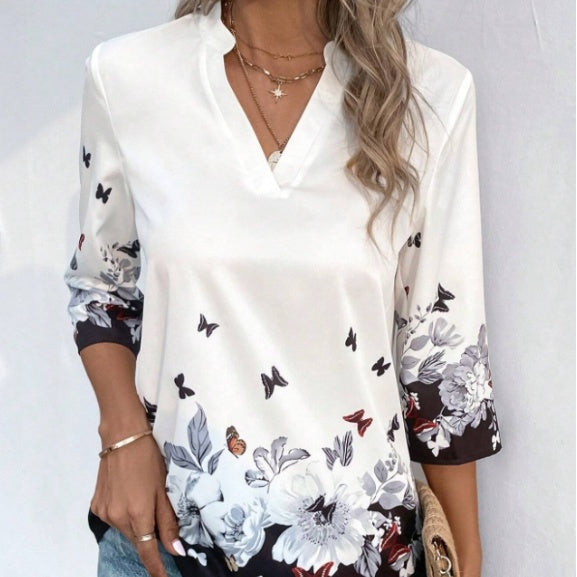 Ladies' Butterfly Flower Print V-neck Seven Quarter Sleeve Contrasting T-shirt Top