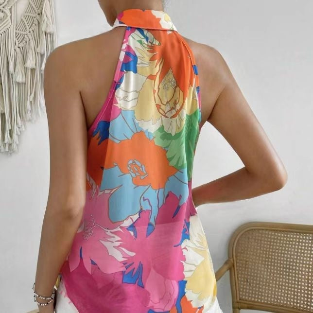 Ladies' Colorful Floral Print Sleeveless Vacation Style Loose Chiffon Shirt