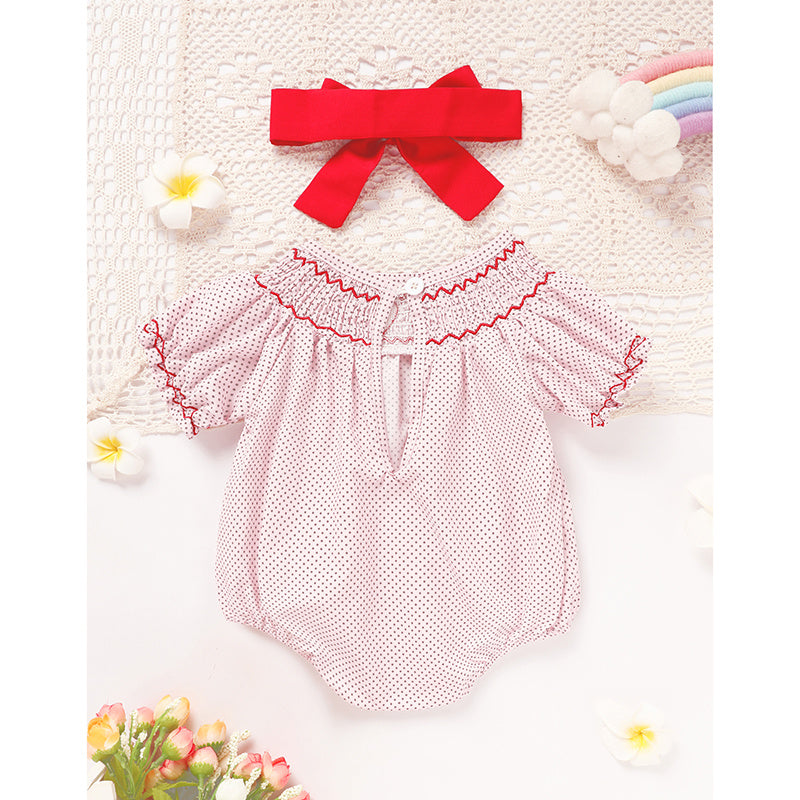 Newborn Baby Girls' Valentine's Day Smocked Romper Short Sleeve Heart Embroidery Jumpsuit Casual Cute Romper