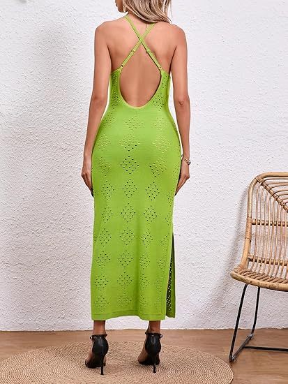 Fisoew Womens Crochet Swimsuit Cover Up Sleeveless Halter Neck Sexy Bodycon Backless Summer Knit Beach Vacation Maxi Dress
