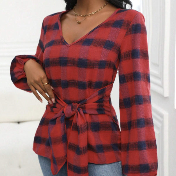 Ladies' Fashionable And Elegant Temperament Butterfly Bow Design Checkered Printed Shirt Top