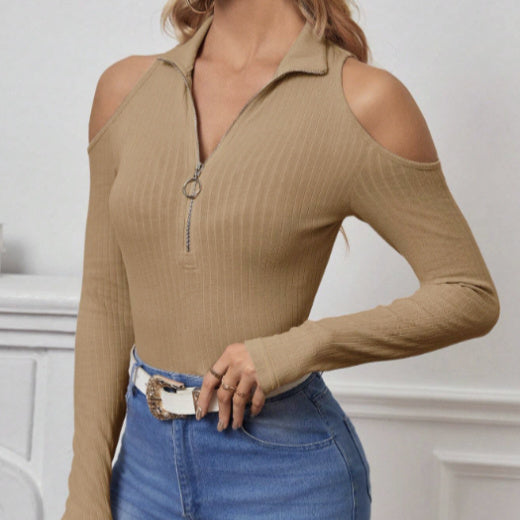 Women's Solid Color Long Sleeved Off Shoulder Zipper Design Slim Fit Home Clothing Top