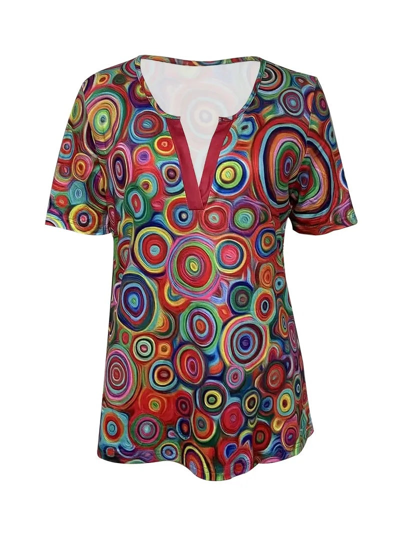 New V-neck Red Candy Print Short Sleeve T-shirt Loose Casual Top For Summer