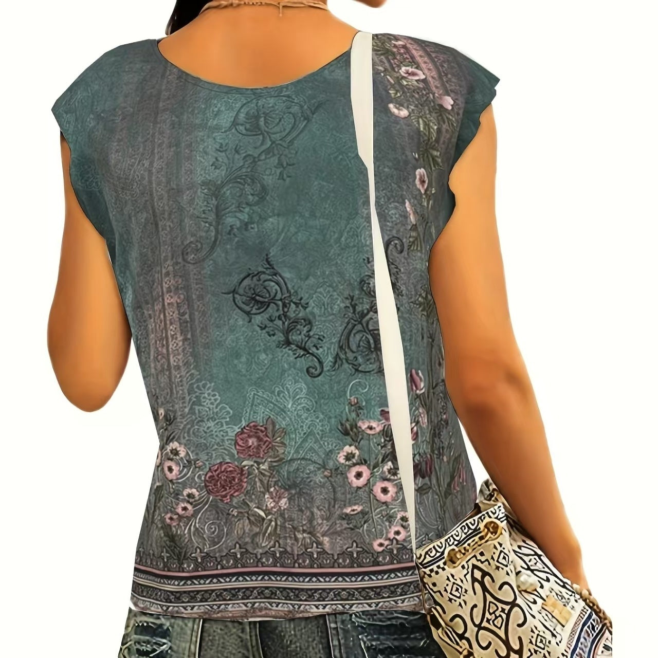 Ladies' Fashion Tribe Flower Printed Hat Sleeve V-neck T-shirt Tank Top