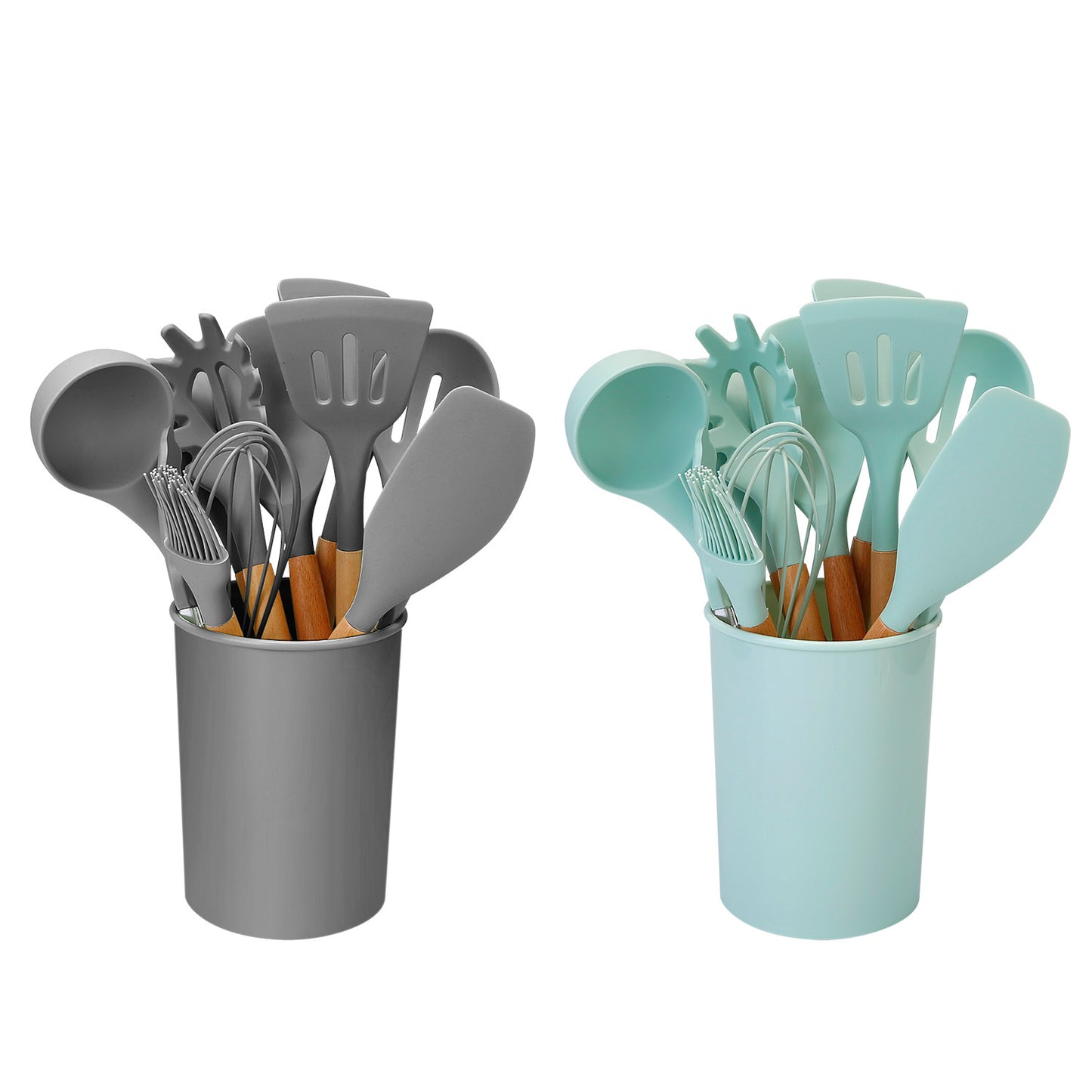 2 Color Options -- Set Of 11Pcs Silicone Cooking Utensil Set Heat Resist Wooden Handle Silicone Spatula Turner Ladle Spaghetti Server Tongs Spoon Egg Kitchenware Set With Holder