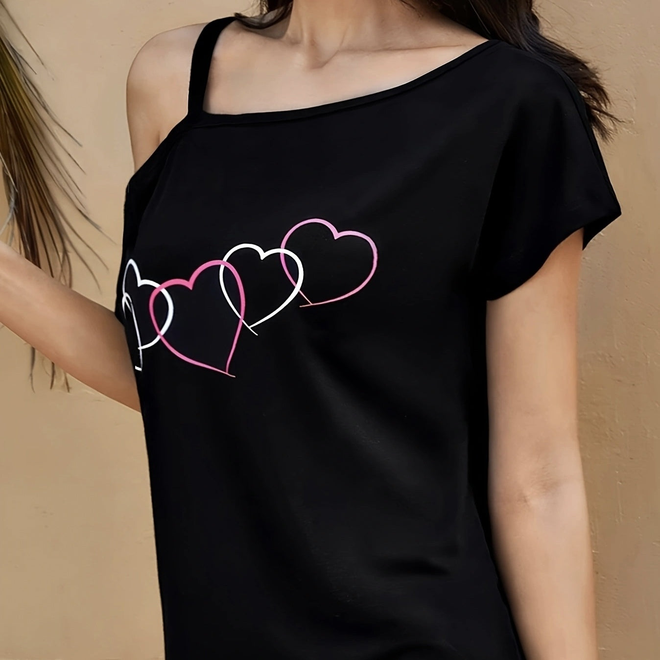 Ladies' Fashion Asymmetrical Neck Heart-shaped Printed Top Casual Pullover Slanted Shoulder Collar Shirt
