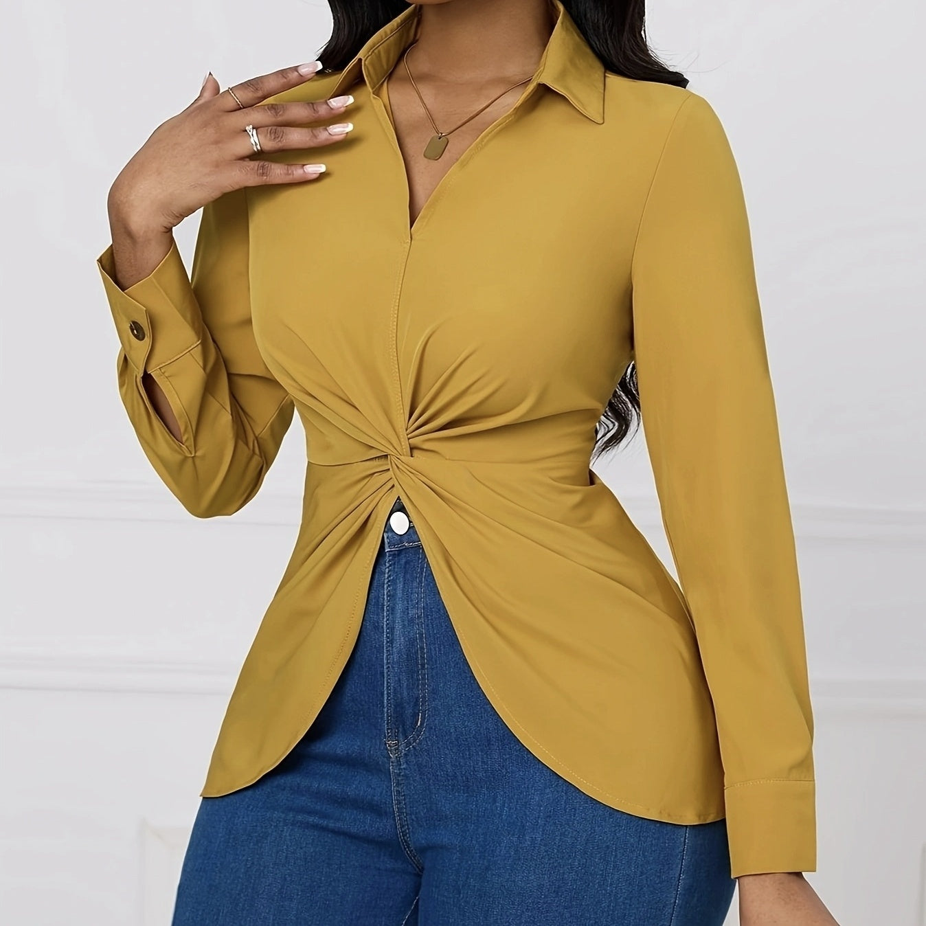 Women's Solid Color V-neck Knot Design Long Sleeved Shirt Top