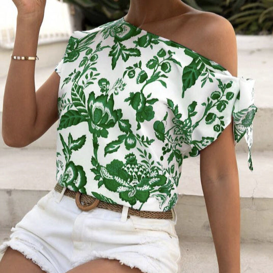 Ladies' Contrasting Flower Print Slanted Shoulder Collar Off Shoulder Holiday Casual T-shirt Top
