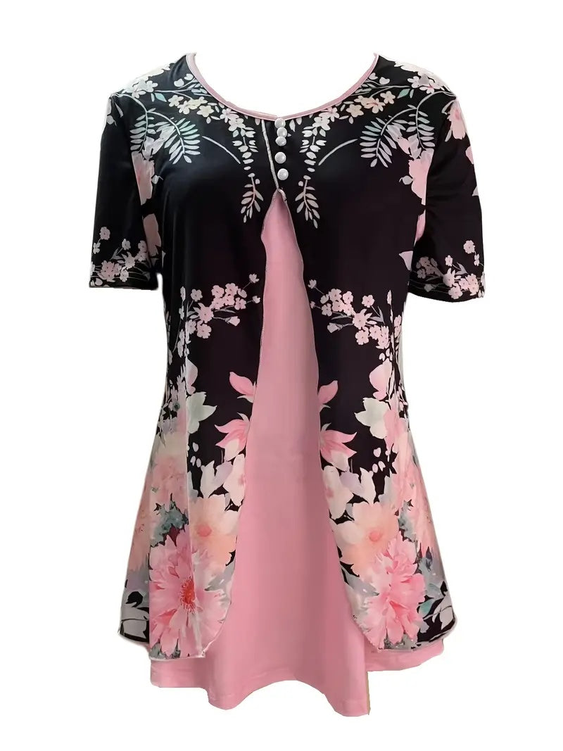 Summer New Short-sleeved Printed Fake Two-piece T-shirt V-neck Fashion Spike Top