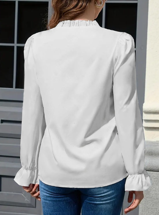 Ladies' Solid Color Lace Collar, Lace Up Cuffs, Casual And Fashionable Shirt