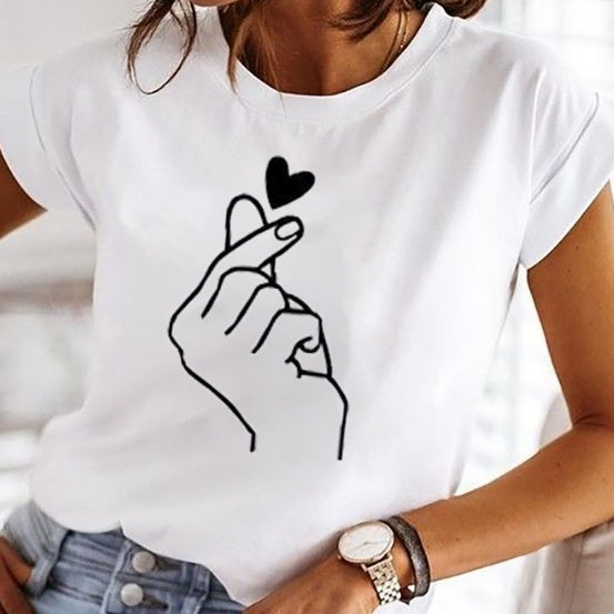 Women's Printed Love New Fashionable Solid Color Simple Printed Short Sleeved T-shirt Top