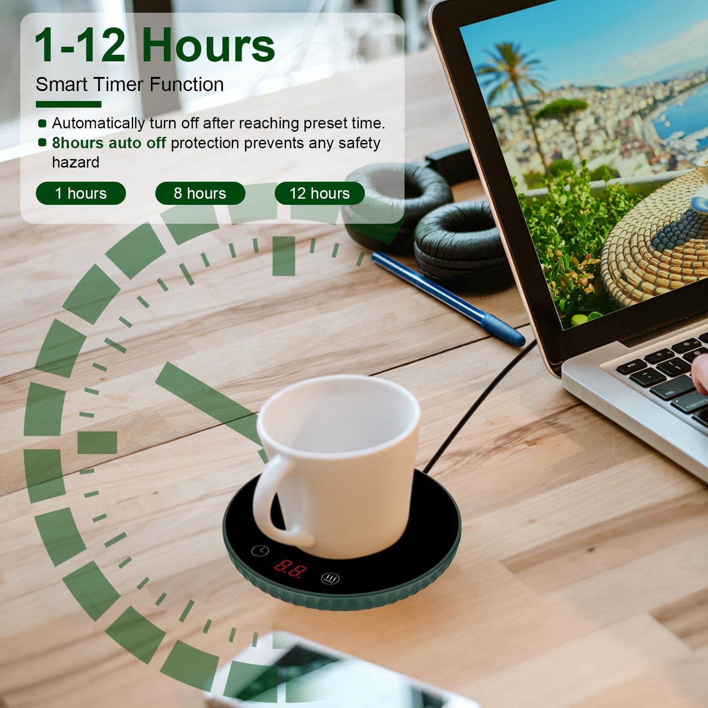 2 Colors Options -- 1Pc Desktop Electric Cup Warmer 8Hours Auto Off Overheating Protection Smart Timer Setting 2 Temperature Levels Ceramic Heating Panel For Office Home