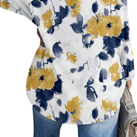 Ladies' Loose Solid Flower Print Casual Long Sleeved V-neck Casual Daily T-shirt Top