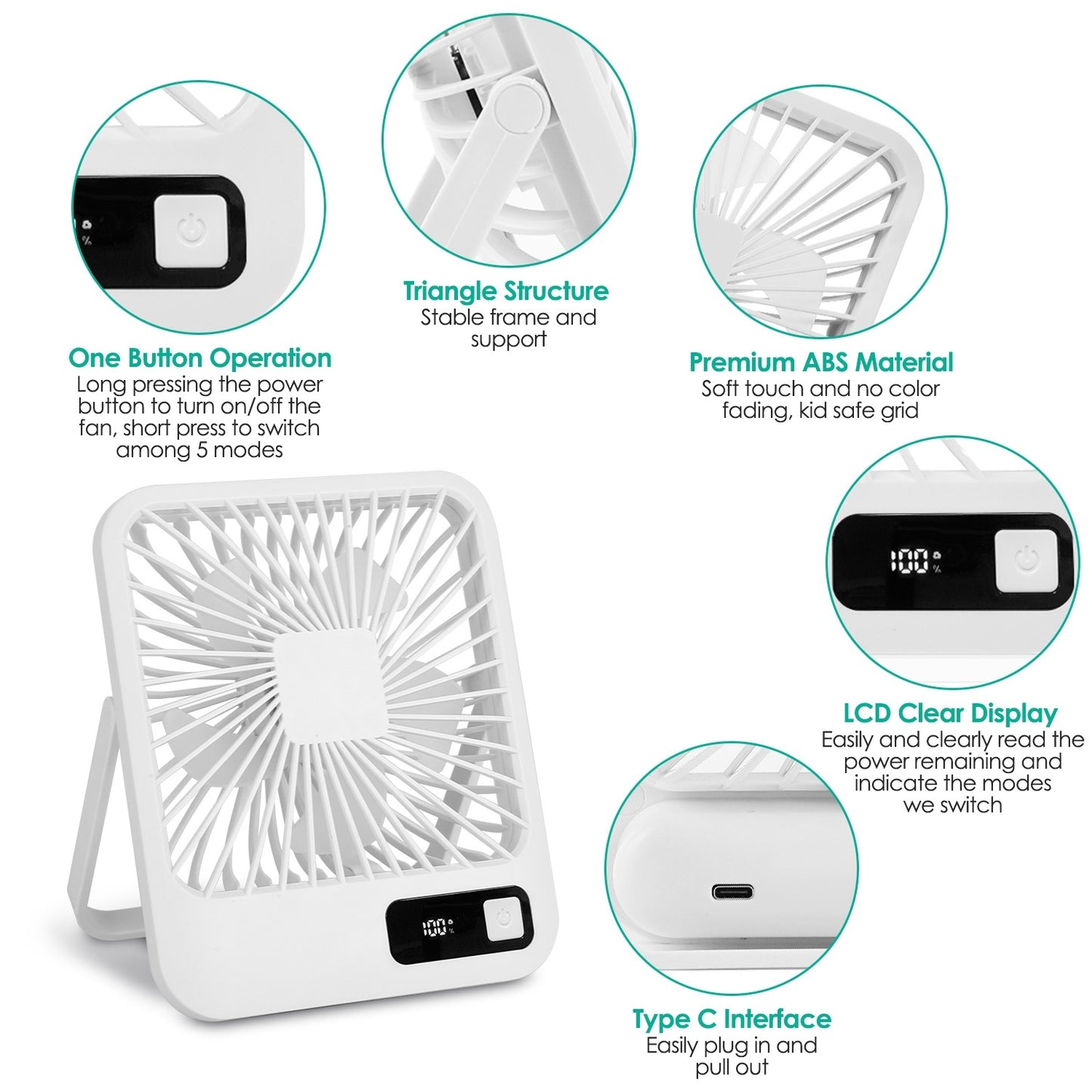 3 Colors Options -- 1Pc Mini Desktop Cooling Fan Rechargeable Battery Powered Personal Fan Speed Adjustment Strong Airflow Quiet Travel Fan With LCD Display For Home Office Travel