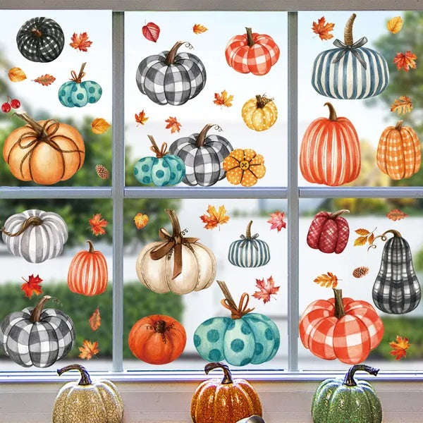 98 PCS Thanksgiving Window Clings 9 Sheets Fall Window Clings Pumpkin Maple Leaves Window Decals Double-Sided Window Stickers For Autumn Thanksgiving Harvest Party Home Window Glass Mirror Decor