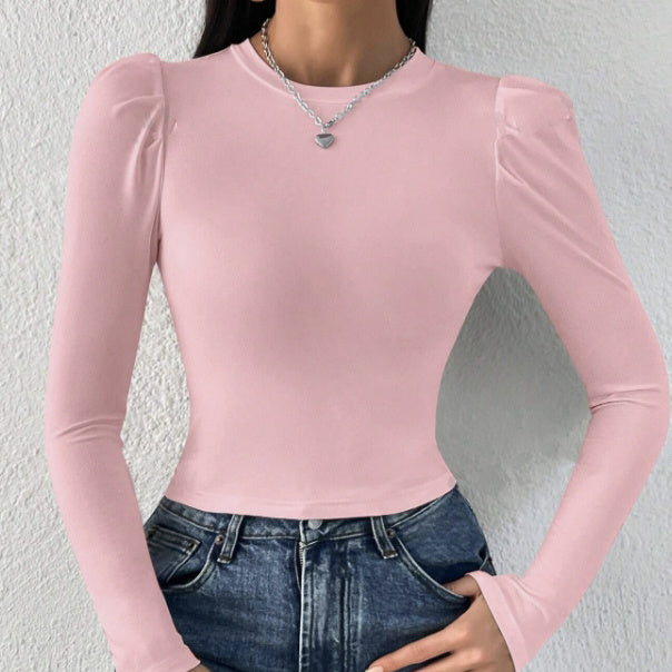 Women's Solid Color Round Neck Slim Fit Figure Enhancing Long Sleeved T-shirt Top