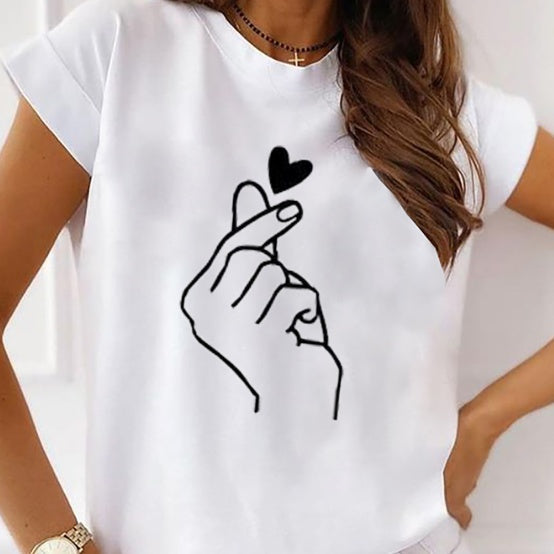 Women's Printed Love New Fashionable Solid Color Simple Printed Short Sleeved T-shirt Top